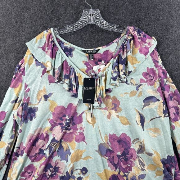 Ralph Lauren Blouse Women's 2X Plus Floral Ruffle Long Sleeve Linen Blend - Picture 2 of 8